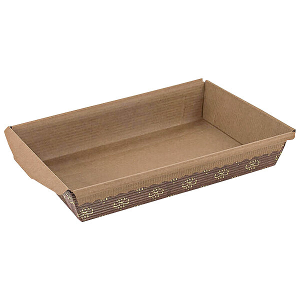 A brown rectangular box with a brown design.