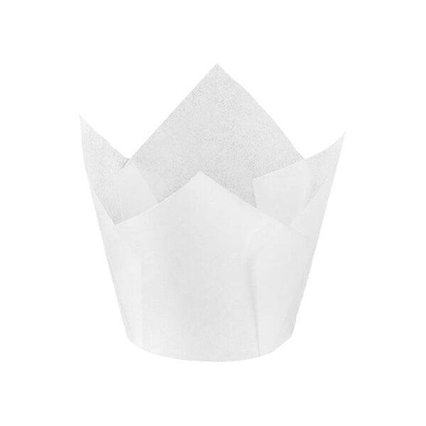 A white paper tulip baking cup with a folded edge.