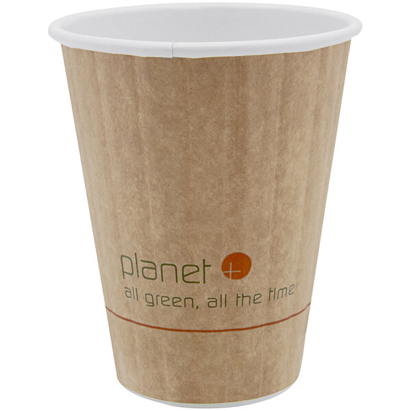 A brown Stalk Market paper hot cup with a white rim and the word "planet" on it.