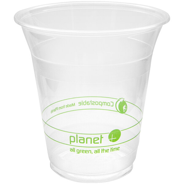 A clear plastic Stalk Market cup with green text that says Planet+.