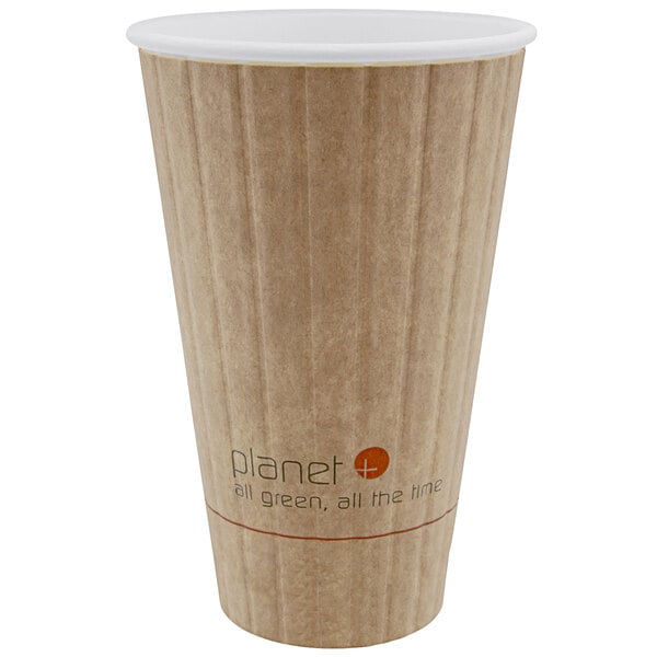 A brown Stalk Market Planet+ kraft paper hot cup with a lid.