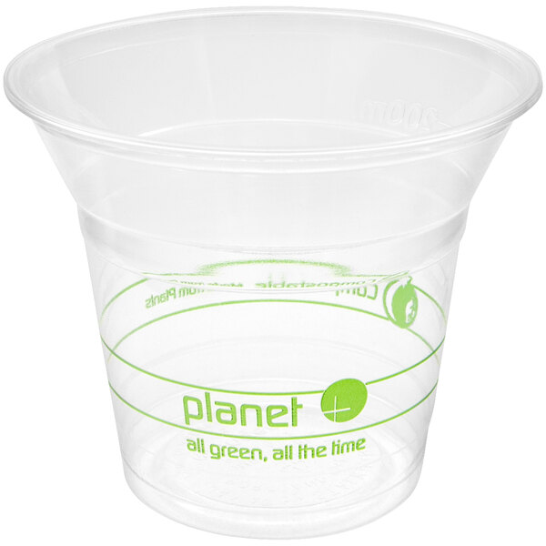 A clear plastic Stalk Market cup with green text that says "Planet+"