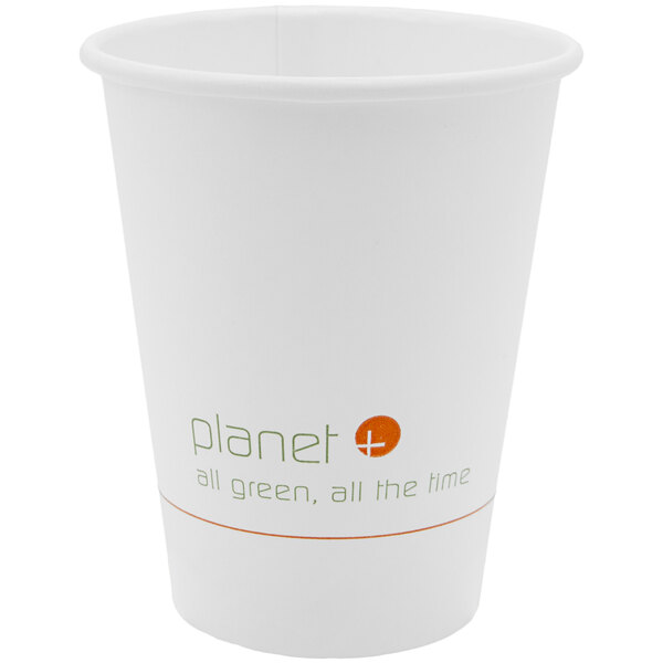 A white Stalk Market Planet+ paper hot cup with green text.