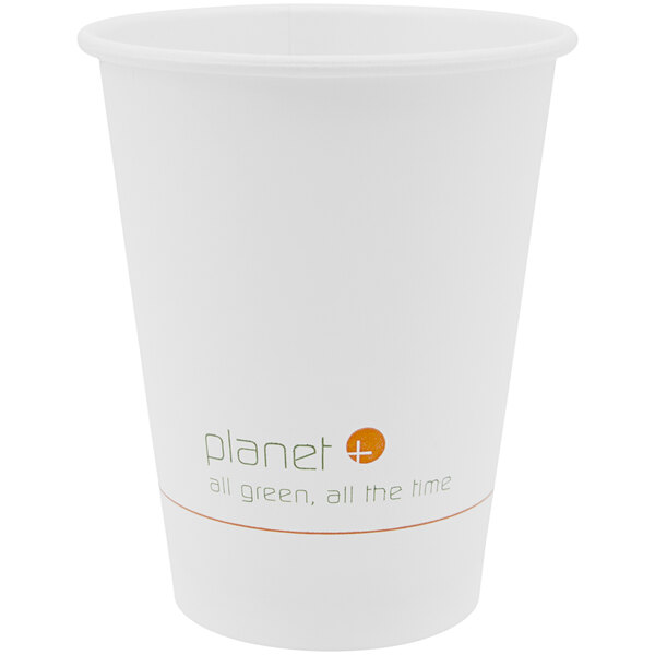 A white Stalk Market paper hot cup with "Planet+" in green text.