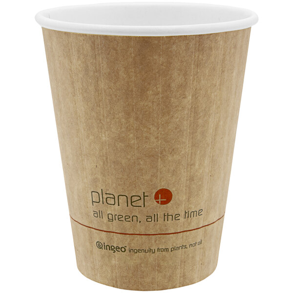 A brown paper hot cup with a white rim and the word "Planet" on it.