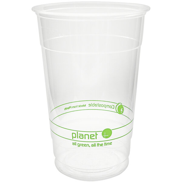 A clear Stalk Market Planet+ plastic cup with green text.