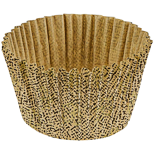 A Novacart brown baking cup with a leopard print pattern.