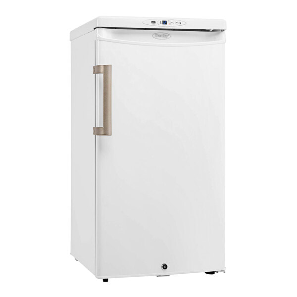 A white Danby medical refrigerator with a silver handle and a door open.