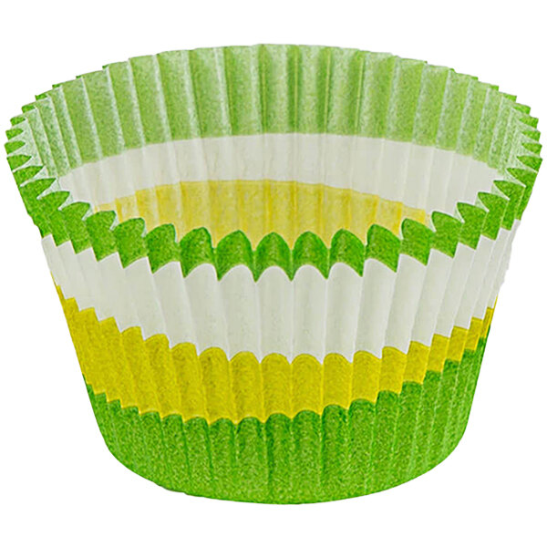 A Novacart paper baking cup with green and yellow stripes.