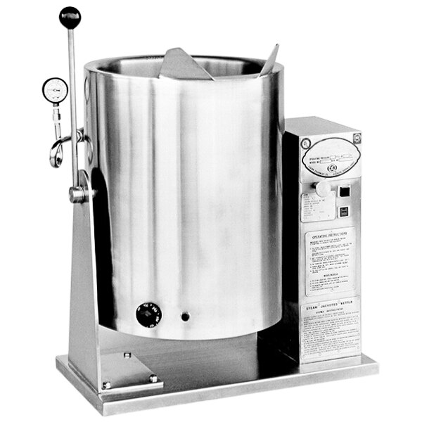 A large stainless steel AccuTemp countertop steam kettle with a gauge.