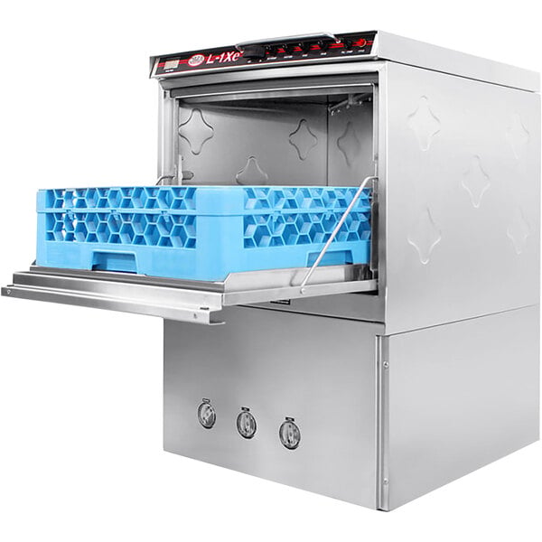 A CMA Dishmachines undercounter dishwasher with a blue crate inside.
