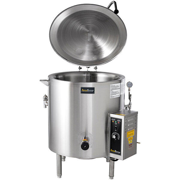 An AccuTemp Edge Series stationary kettle with a large stainless steel pot and lid.