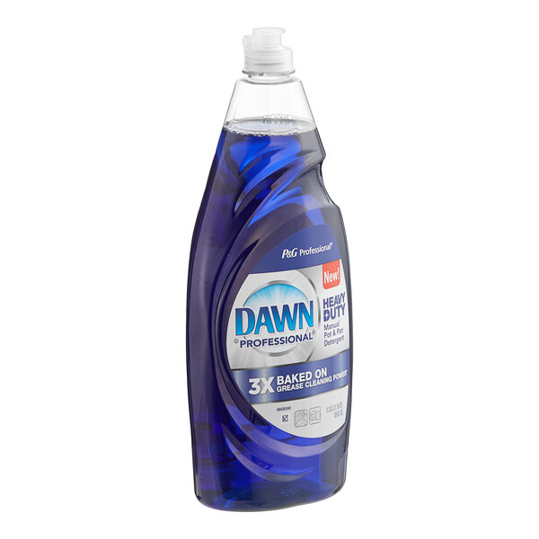 A blue bottle of Dawn Professional Heavy-Duty Manual Pot and Pan Detergent with a white label.
