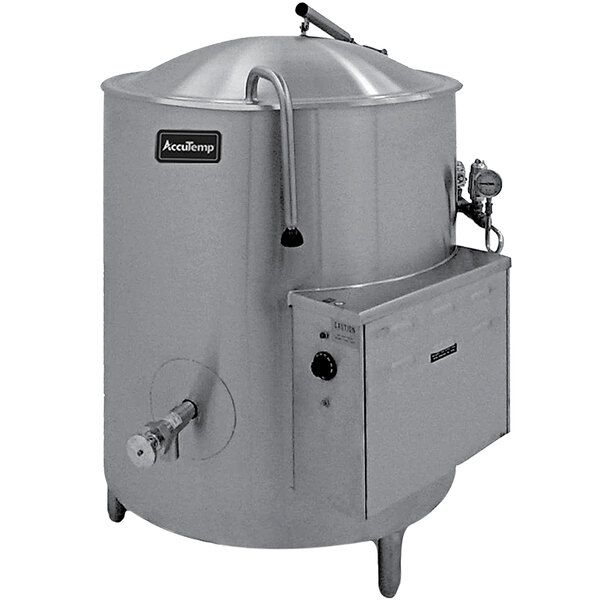 An AccuTemp Edge Series electric stationary kettle with a large stainless steel tank and a lid.