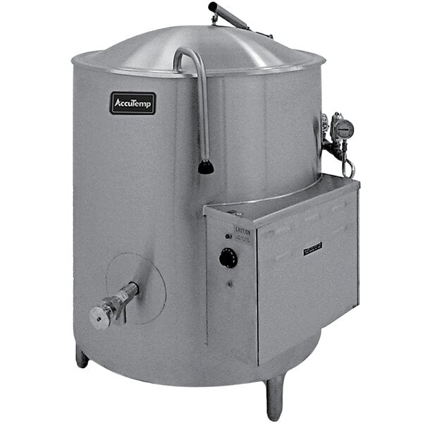 An AccuTemp Edge Series 40 gallon electric stationary kettle with a large stainless steel tank and lid.