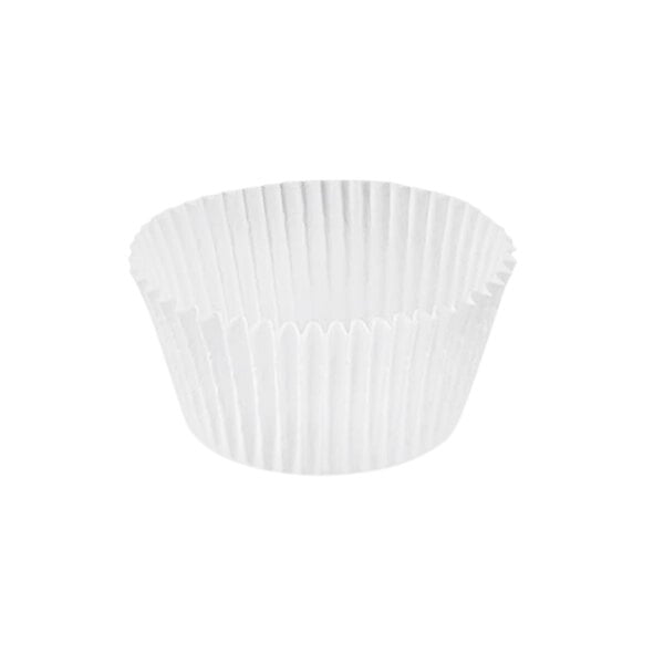 A close-up of a white Novacart fluted paper cupcake wrapper.