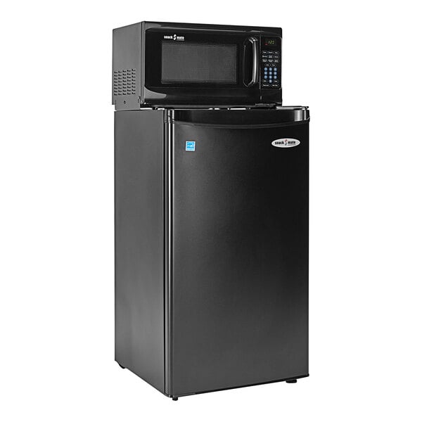 A black Danby refrigerator with a black microwave on top.