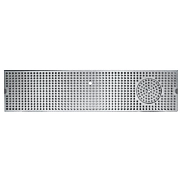 A rectangular stainless steel surface mount drip tray with a grid of holes.