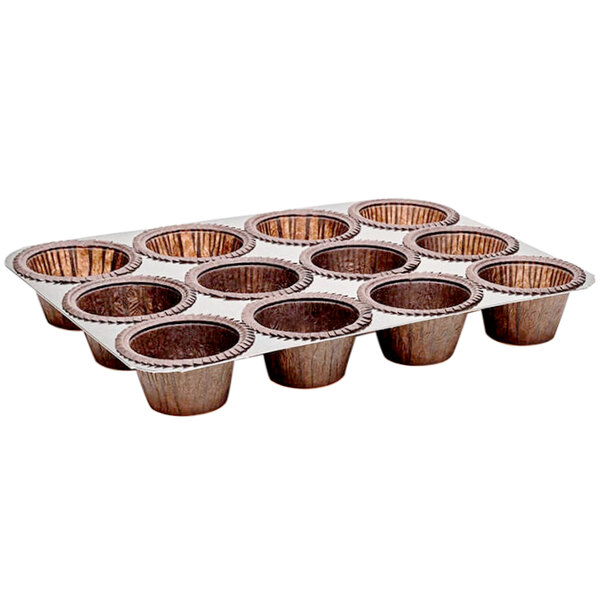 A Novacart paper muffin tray with 12 brown cups with white edges.