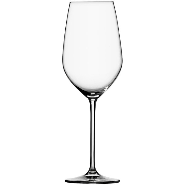 A close-up of a clear Schott Zwiesel Fortissimo Bordeaux wine glass with a long stem.