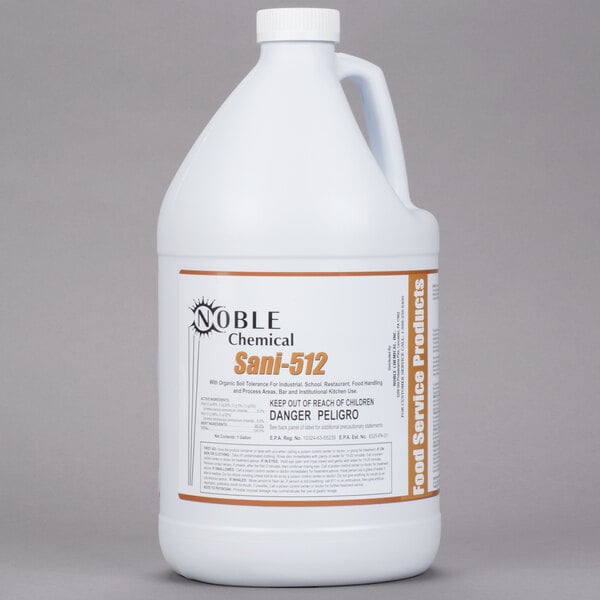 A Noble Chemical Sani-512 1 gallon jug with a label.