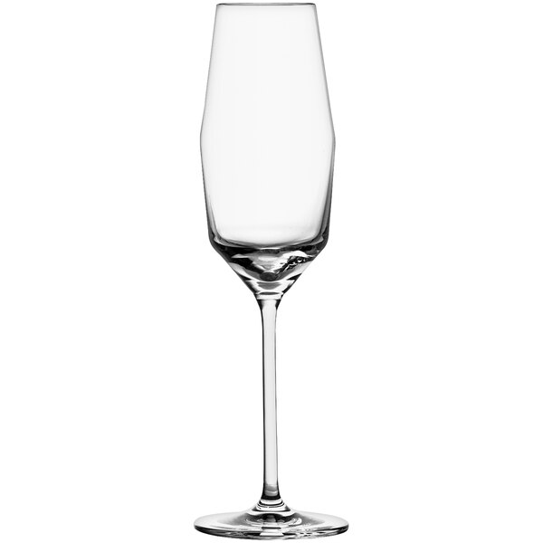 A close-up of a clear Schott Zwiesel Gigi flute wine glass with a long stem.