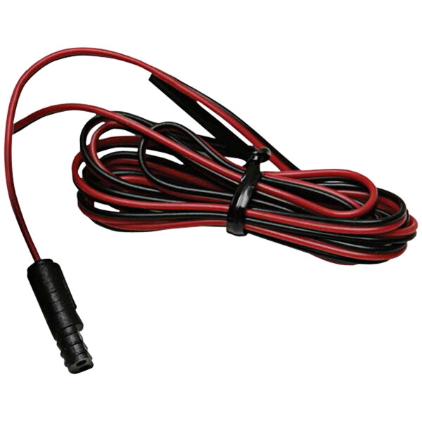A bundle of black and red wires with a black tube.