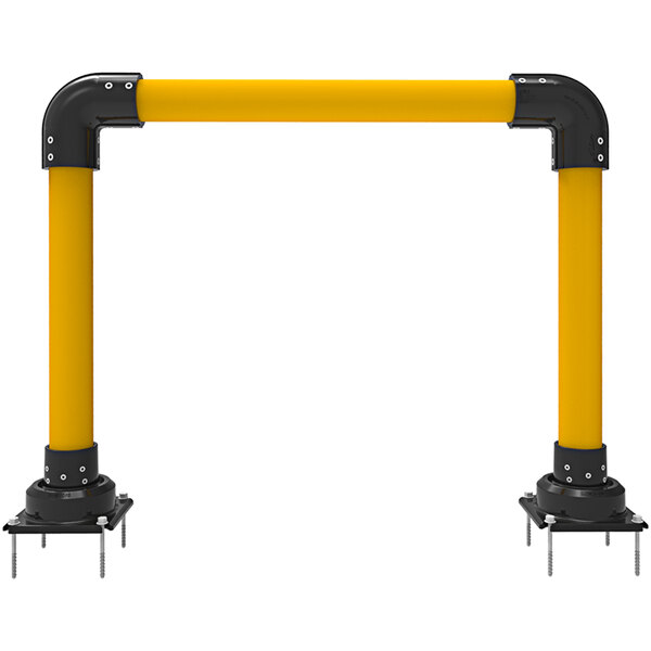 A yellow steel pipe with black horseshoe bollards on top.