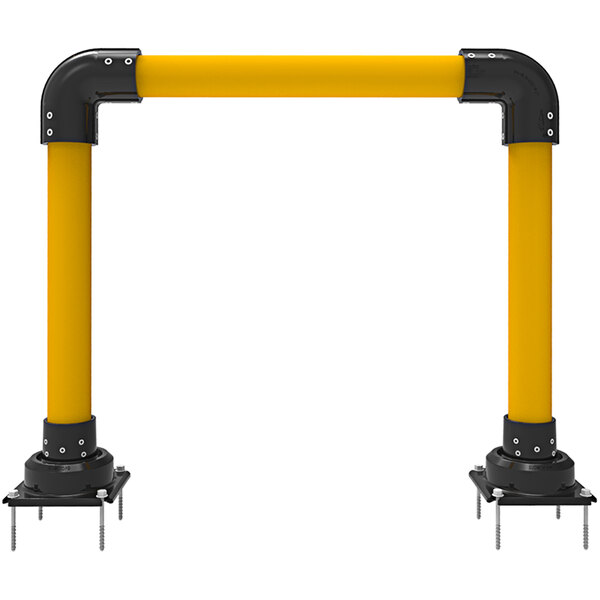 A yellow steel Impact Recovery Systems Horseshoe Bollard with black metal legs.