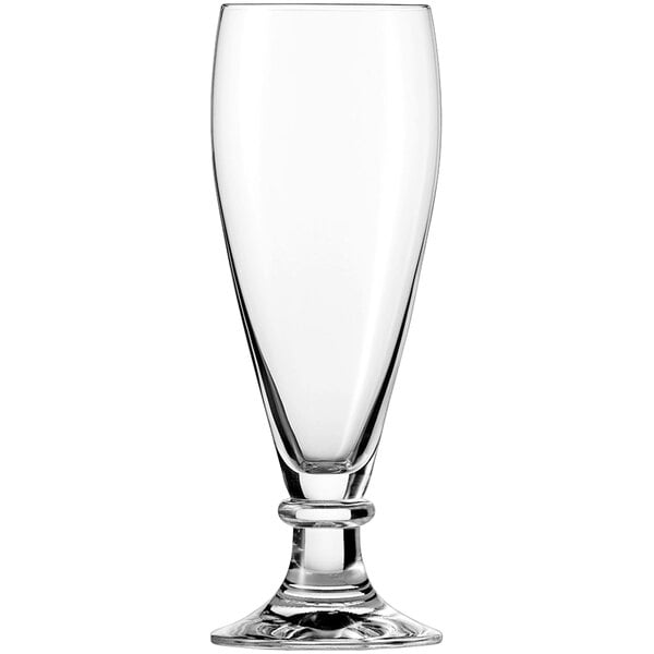 A clear Schott Zwiesel Brussels Pilsner glass with a foot.