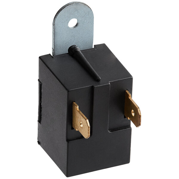 A black square Main Street Equipment buzzer with two gold pins.