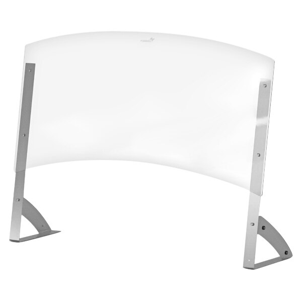 A clear plastic shield with silver metal legs on a white background. 