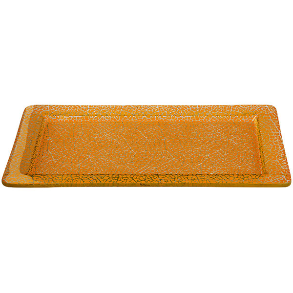 A rectangular yellow glass platter with a pattern of white spots.
