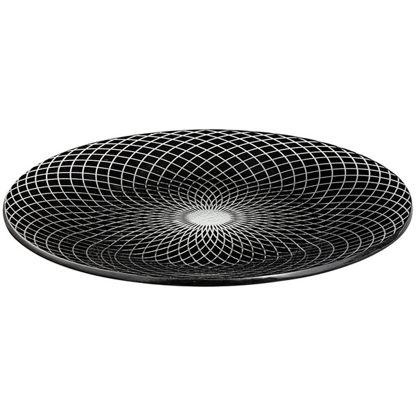 A black circular glass platter with a spiral design.