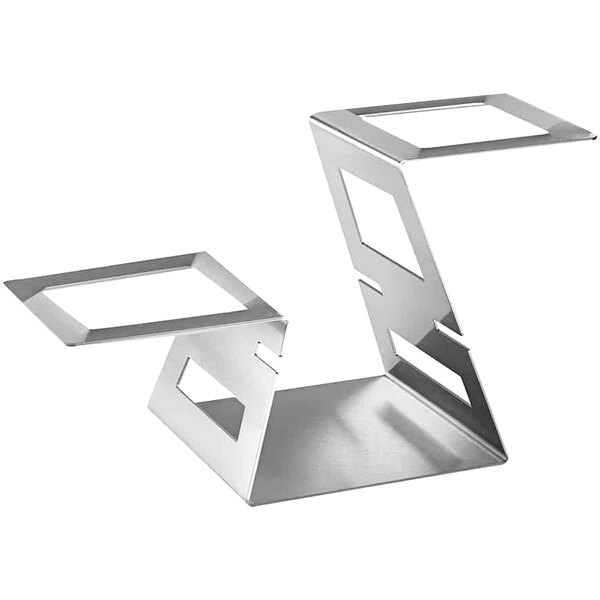 A Rosseto stainless steel square display riser with two legs.