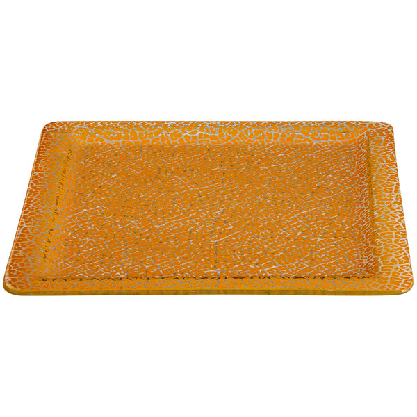 A yellow rectangular glass platter with white speckled designs.