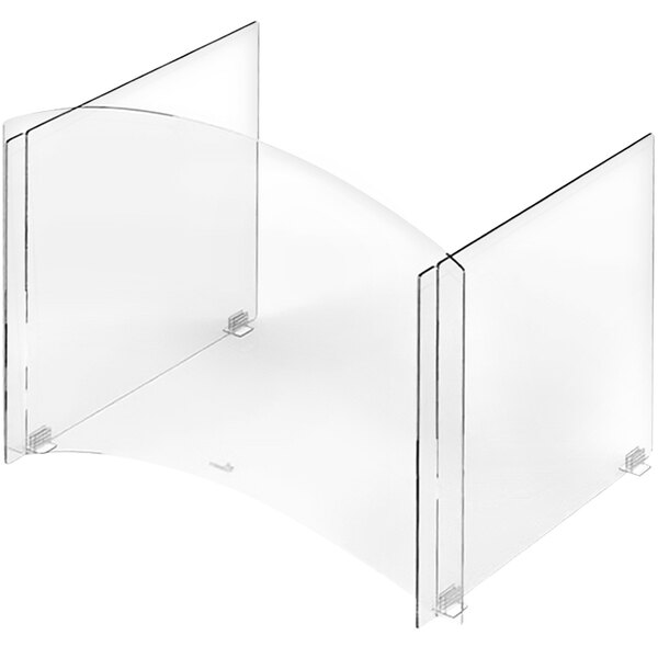 A clear acrylic Rosseto student desk sneeze guard with a pass-through window.
