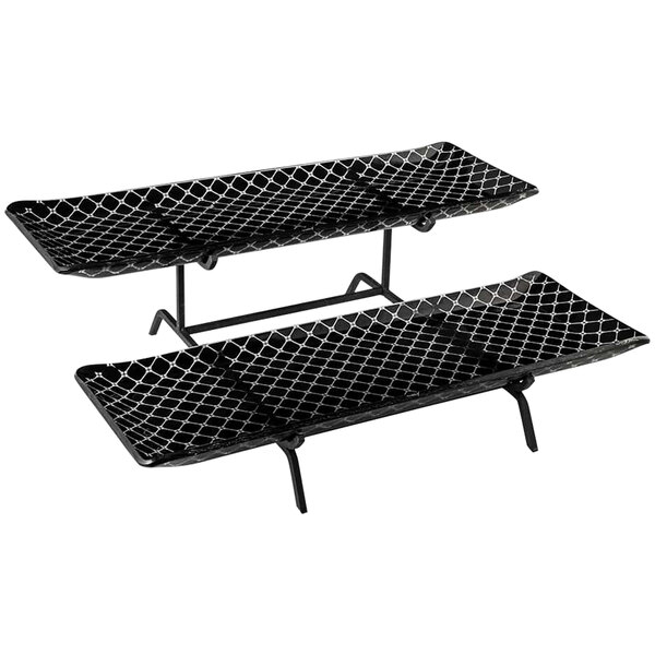 A Rosseto black metal display stand with two black rectangular glass platters.