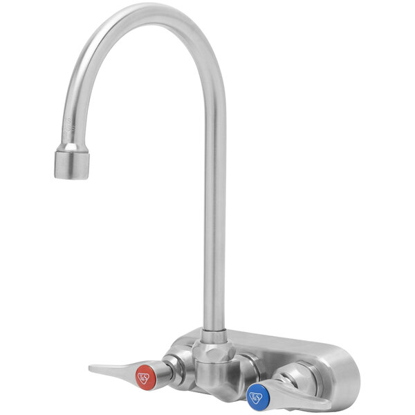 A silver Eversteel wall mount faucet with a gooseneck spout and two knobs.