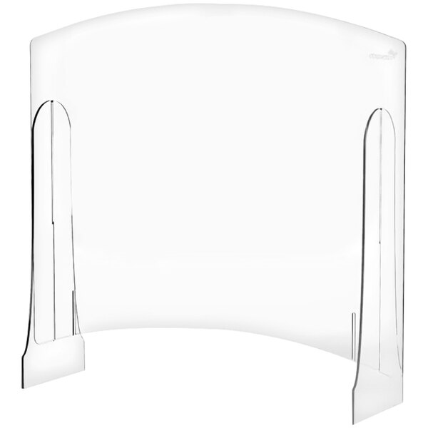 A clear plastic shield with a metal frame and adjustable window pass-through.