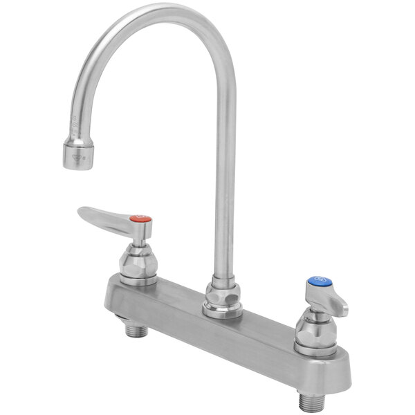 A stainless steel Eversteel deck-mount workboard faucet with two handles, a red and blue button, and a 5 3/4" gooseneck spout.