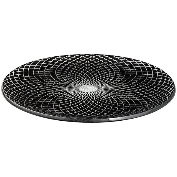 A set of two black glass round platters with a spiral design.