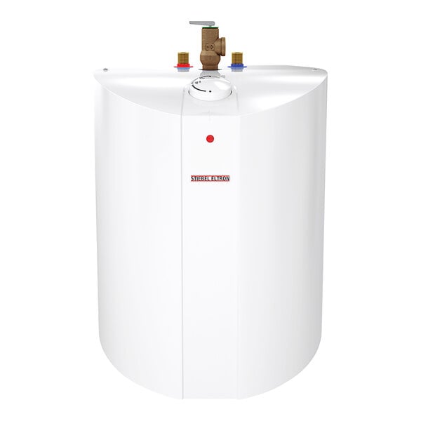 A white Stiebel Eltron mini-tank water heater with a valve.