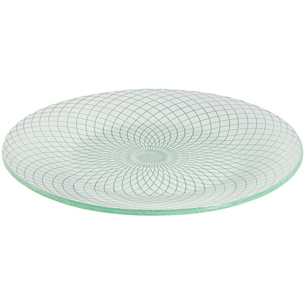 A Rosseto white glass platter with a spiral pattern on it.