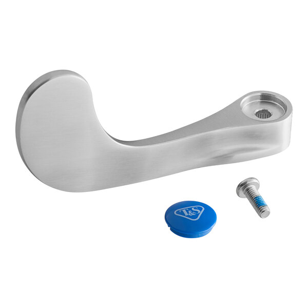 A stainless steel Eversteel wrist action handle with a blue cap and screw with a blue index.