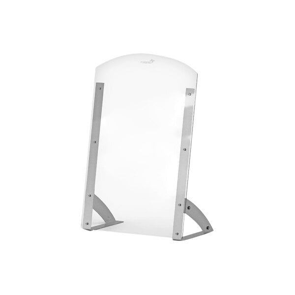 A clear glass sneeze guard with a metal frame.