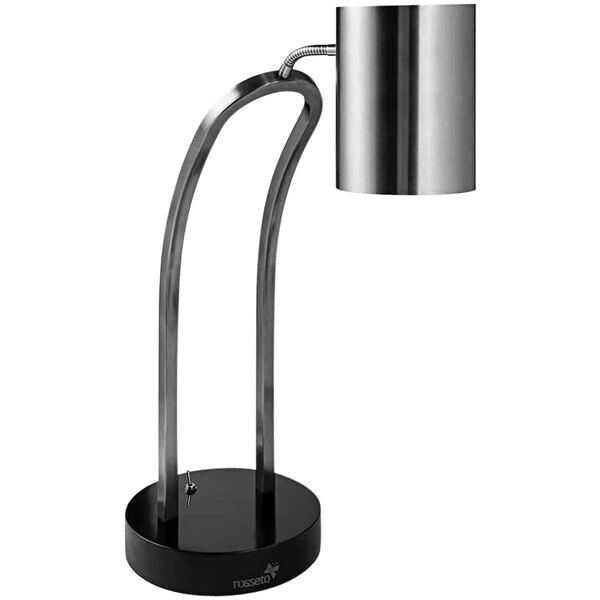 A silver and black Rosseto stainless steel heat lamp with a curved arm.
