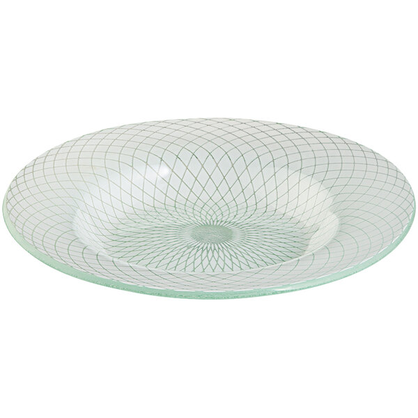 A close-up of a Rosseto white glass bowl with a spiral design.