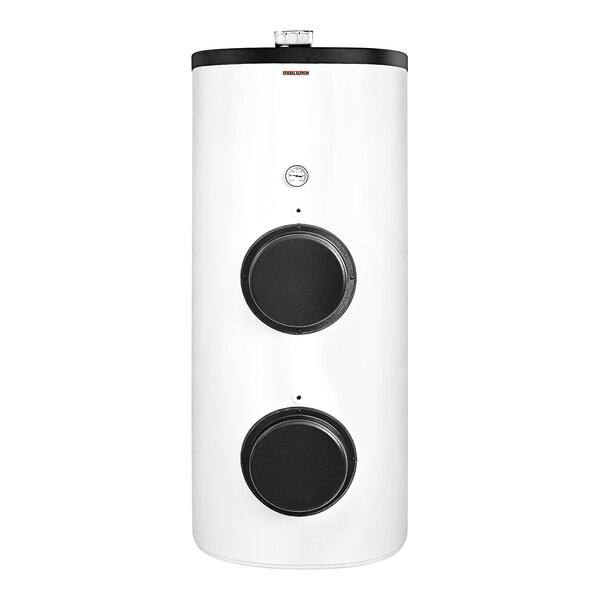 A white Stiebel Eltron water heater tank with black circles.