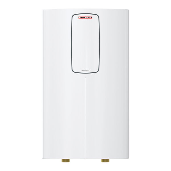 A white rectangular water heater with a black border and a copper handle.